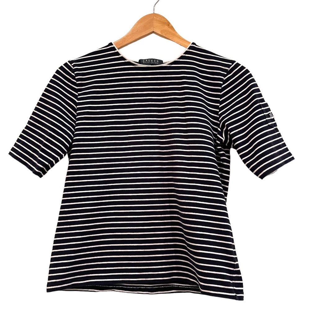 Lauren Ralph Lauren Women's 3/4 Sleeve Pocket Striped Blue White Blouse, Medium